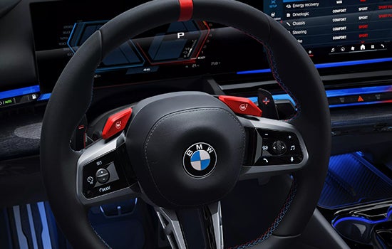 Close-up view of BMW M5 Touring steering wheel. | Newbold BMW in O Fallon IL